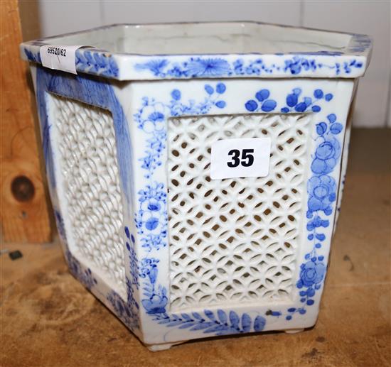 A large Chinese blue and white hexagonal brush vase